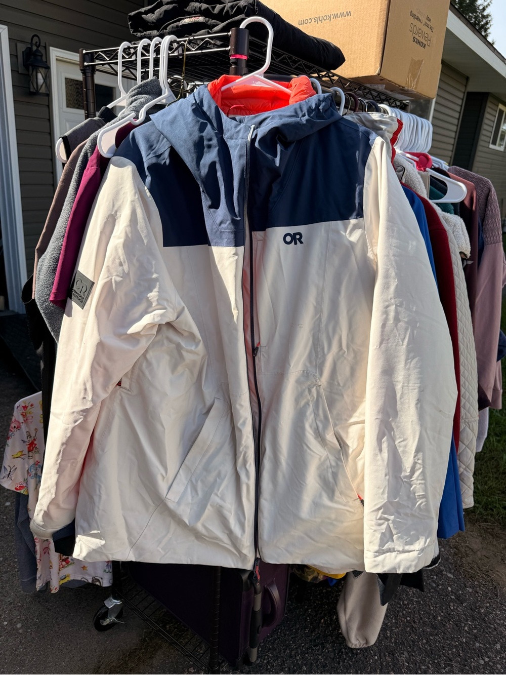 Outdoor Research Two-Tone Navy and White Ski Jacket with Coral Lining